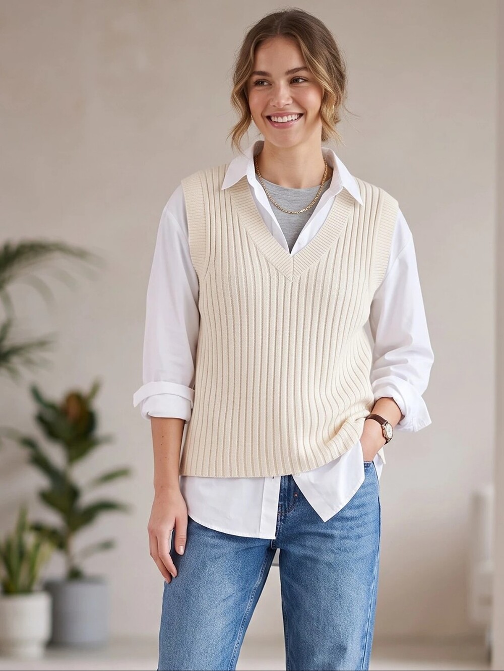 H&M Divided Oversized Rib Knit Vest Womens Size XS - Light Beige